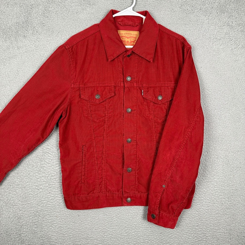 Levis Trucker Jacket Mens Large Red Corduroy Button Up Collared Long Sleeve EUC